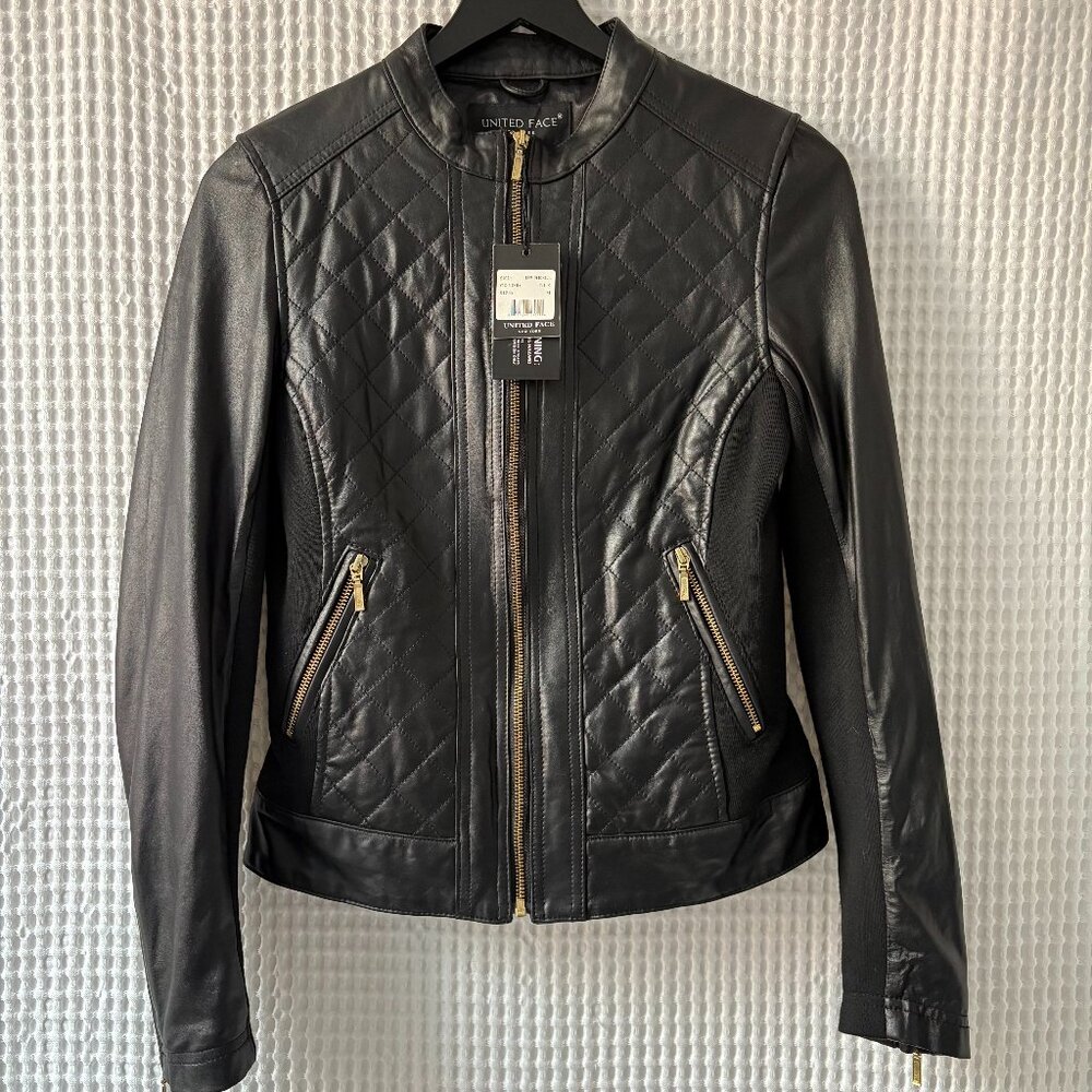 United Face black leather/fabric quilted moto jacket gold zippers women's med